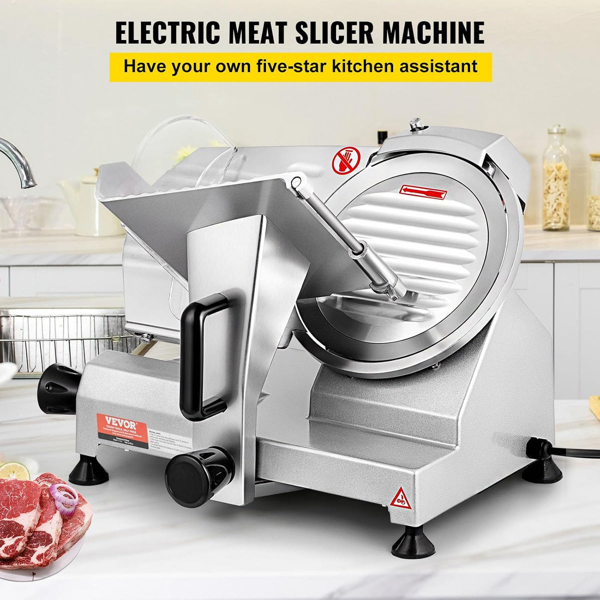 VEVOR Commercial Meat Slicer, 200W Electric Deli Food Slicer, 0-12mm Adjustable Thickness Electric Meat Slicer, 350-400RPM Slicer with 8.7'' Chromium-plated Steel Blade for Home &amp; Commercial Use