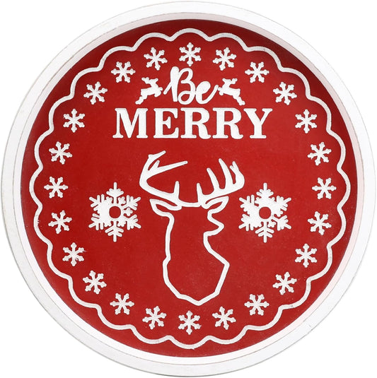 Christmas Reindeer Wood Decorative Ottoman Tray for Coffee Table Kitchen Counter, Living Room, Round Handcrafted Red Wooden
