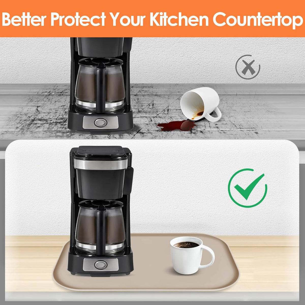 Silicone Coffee Maker Mat with Lip, 24'' x 16'' Heavy Duty Coffee Maker Mat for Countertops, Coffee Tray Fit Under Coffee Machine Appliance Automatic Machines Espresso Accessory, Khaki
