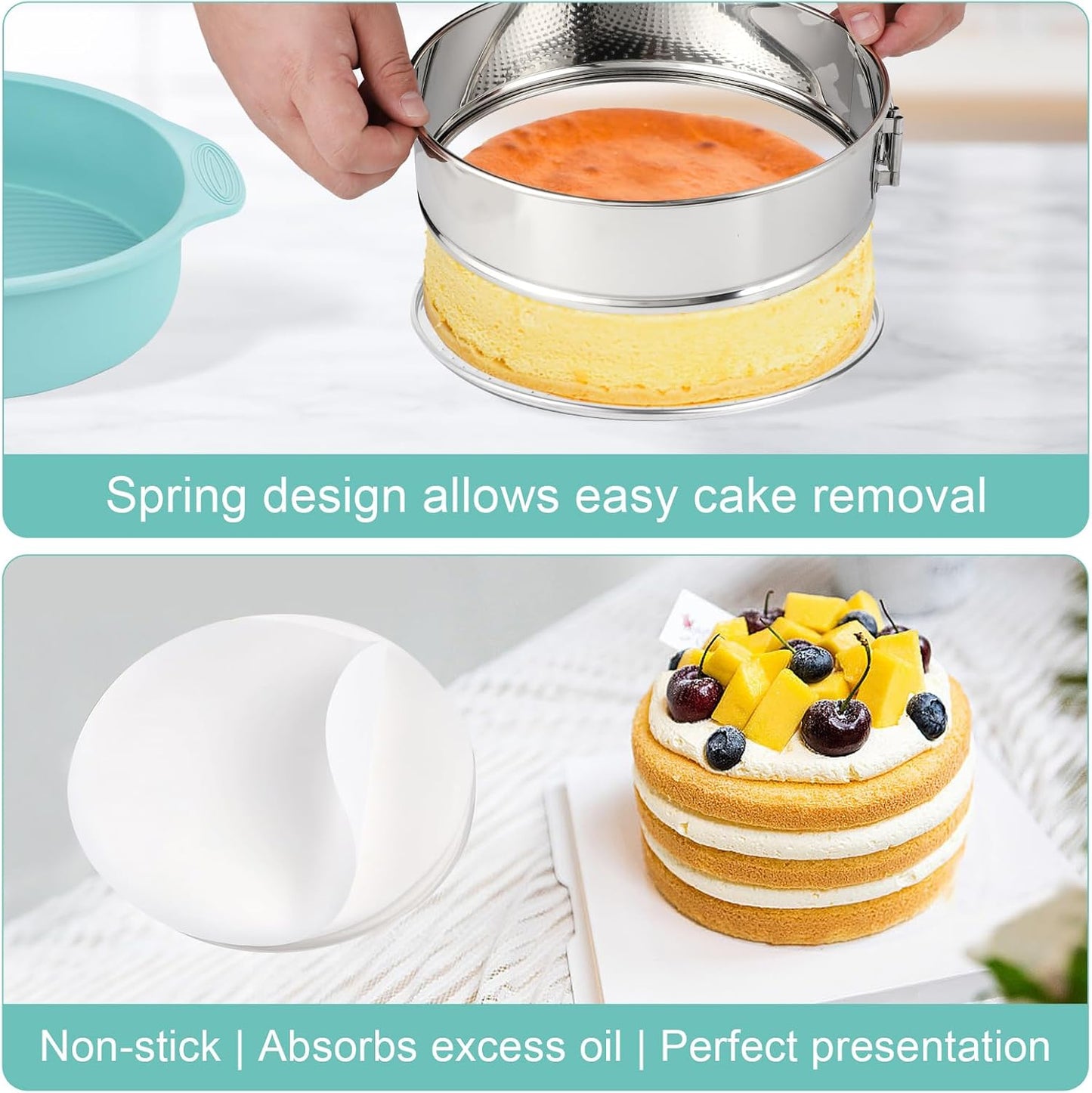 9 Inch Cheesecake Pan, Leakproof 304 Stainless Steel Springform Pan with Silicone Protector for Water Bath Baking, Removable Bottom, 50 Pcs Parchment Paper, Dishwasher Safe