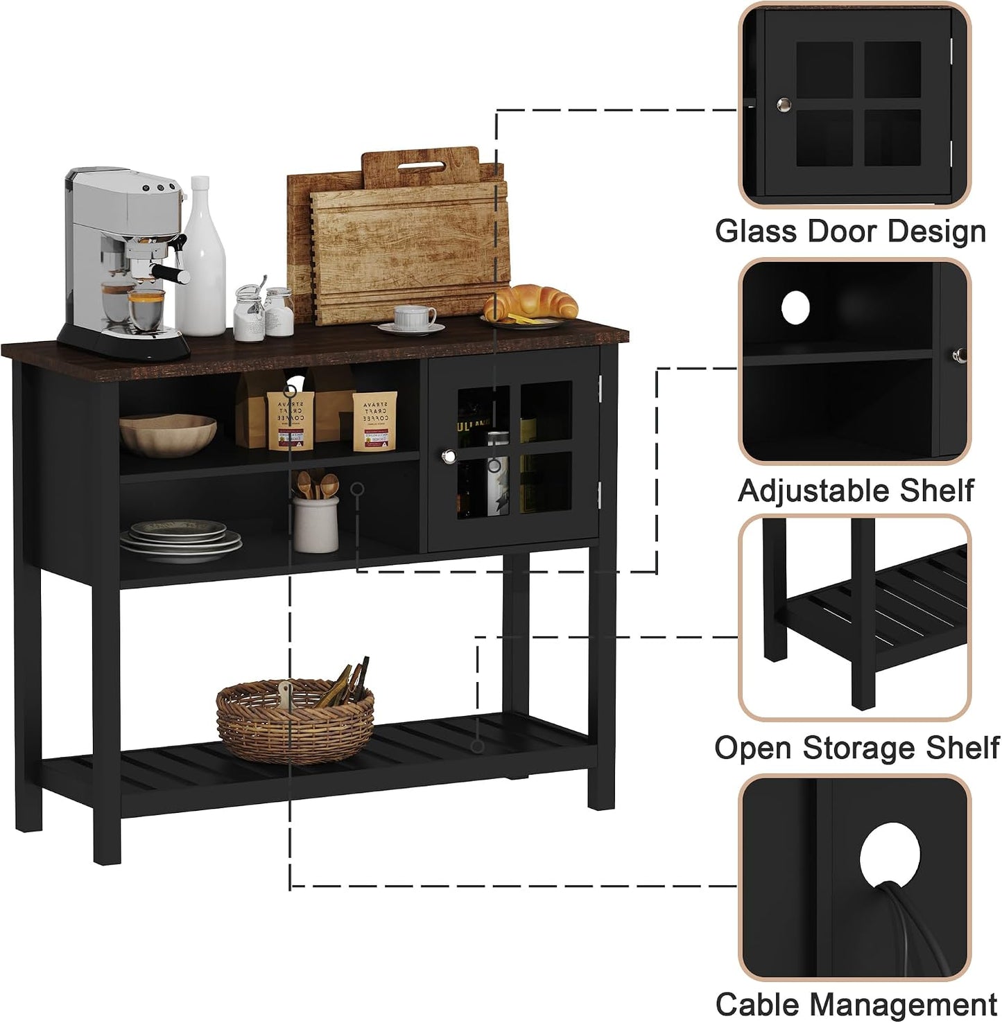 ChooChoo Farmhouse Coffee Bar Cabinet, 40" W Buffet Cabinet with Glass Door | Sideboard Buffet with Storage, Console Table, Black
