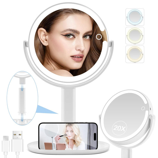 Lighted Makeup Mirror, 20X Magnifying Mirror with Light and Adjustable Brightness, Vanity Mirror with 3 Color Light, 2-Sided