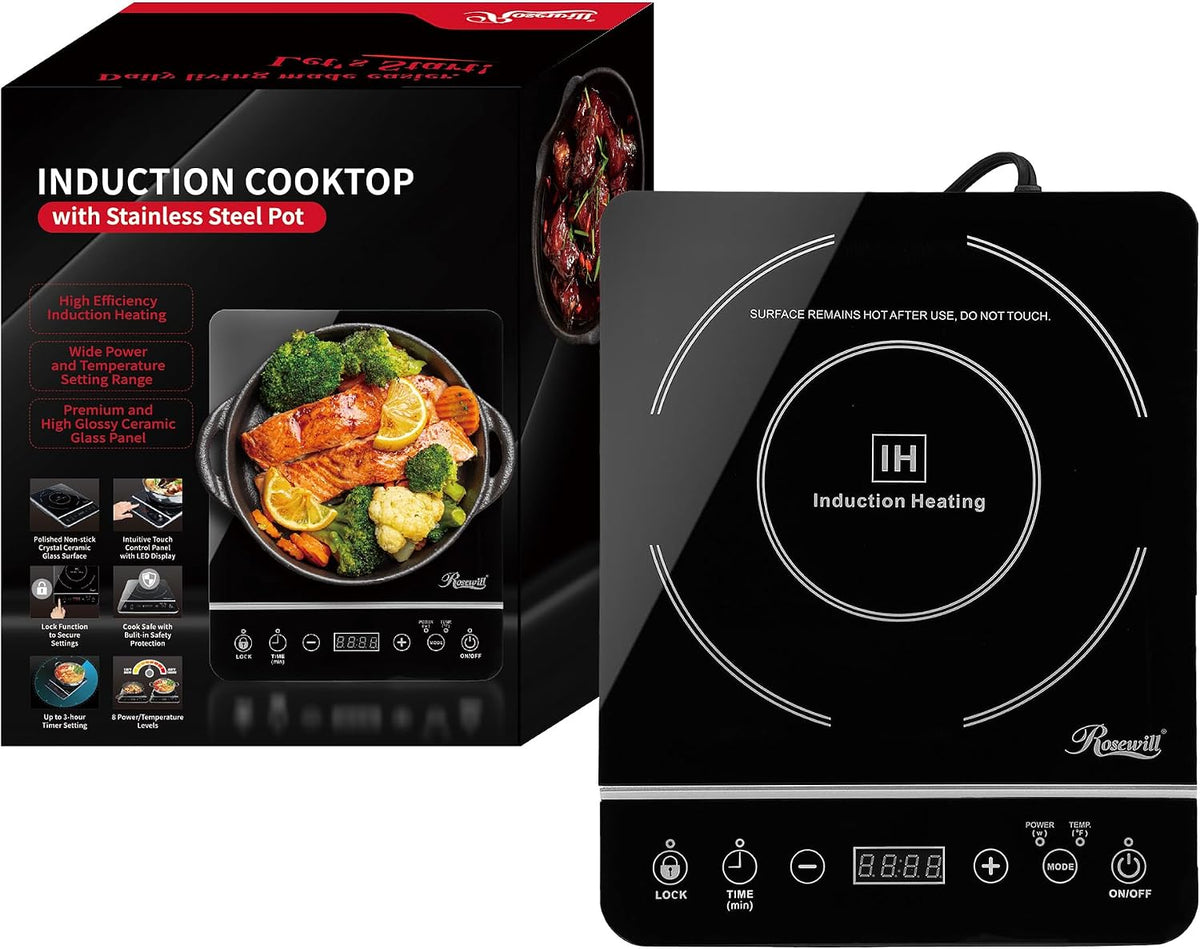 Rosewill Induction Cooker 1800 Watt, Induction Cooktop, Electric Burner with Stainless Steel Pot 10" 3.5 QT 18-8, RHAI-13001
