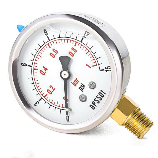 0-15 Psi Glycerin Liquid Filled Low Pressure Gauge, 2.5" Dial Size, 1/4" NPT Lower Mount, 304 Stainless Steel Case, for