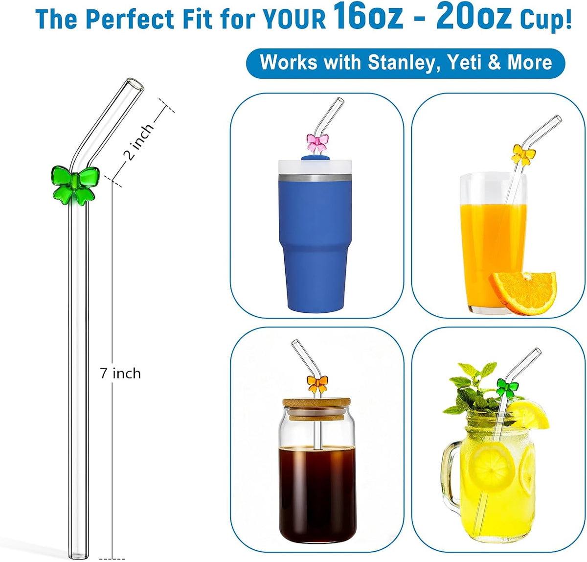 8pack Multicolor Bow Borosilicate Glass Straws with Charms, 9 Inch 8mm Bent | Different bow straws glass help guests identify iced coffee, lemonade and mocktails at birthdays, brunches and cheerful pary