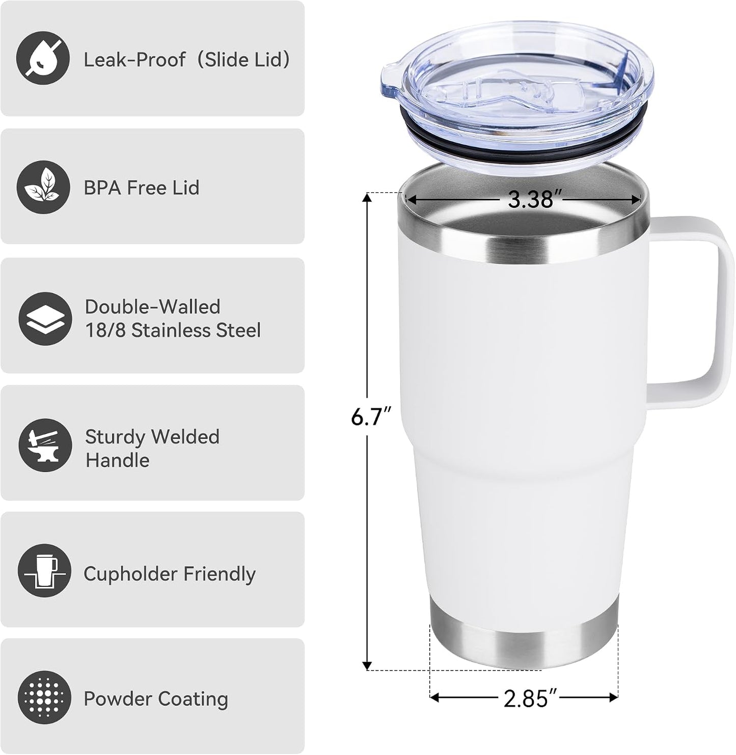 20oz Tumbler with Handle &amp; Lid, Insulated Stainless Steel Travel Mug, Leakproof Cup for Coffee &amp; Tea, BPA-Free Double-Wall Vacuum Tumblers for Hot/Cold Drinks, Commuter, Gym, Office, White 1 Pack