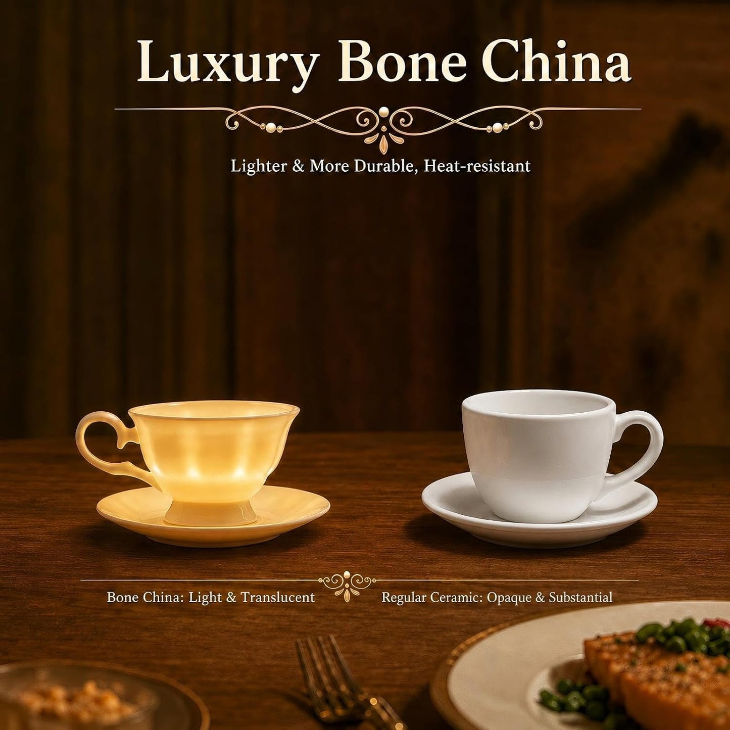 Fine Bone China Tea Cups and Saucers Set of 2, 4 oz | Vintage British Royal Style Espresso Coffee Cups for Afternoon Tea, Latte, Cappuccino, Elegant Gift