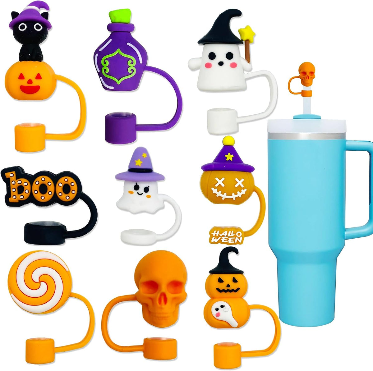 9PCS 3D Halloween Straw Toppers for Stanley Cup, Cute Silicone Skull Ghost Straw Covers Cap Compatible with 30&amp;40oz Tumbler with Handle,10mm 0.4in Dust-Proof Reusable Tips Lids for Halloween Gifts