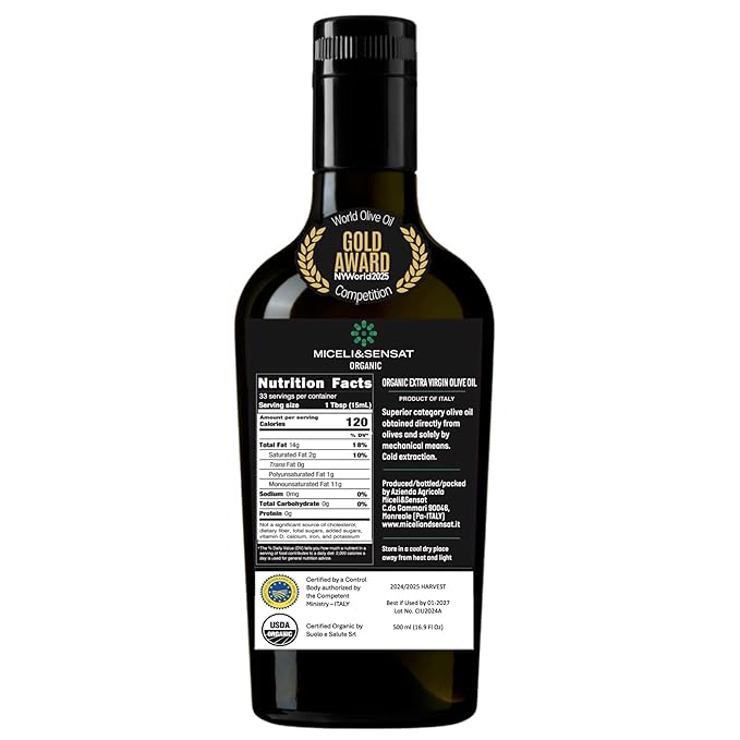 Fruity Medium Organic 500+ mg/kg Polyphenols Rich Italian Extra Virgin Olive Oil from Italy, 2025 Gold Award, High Antioxidants Peppery Finish, Sicily Certified Origins, Cold Pressed - 16.9 fl oz