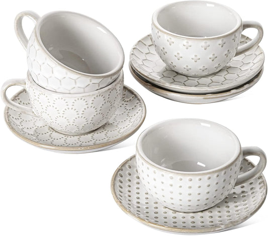 LE TAUCI Espresso Cups with Saucers 3 oz, Ceramic Embossment Coffee Cup for Double shot, Lungo, Ristretto,Dishwasher Safe -