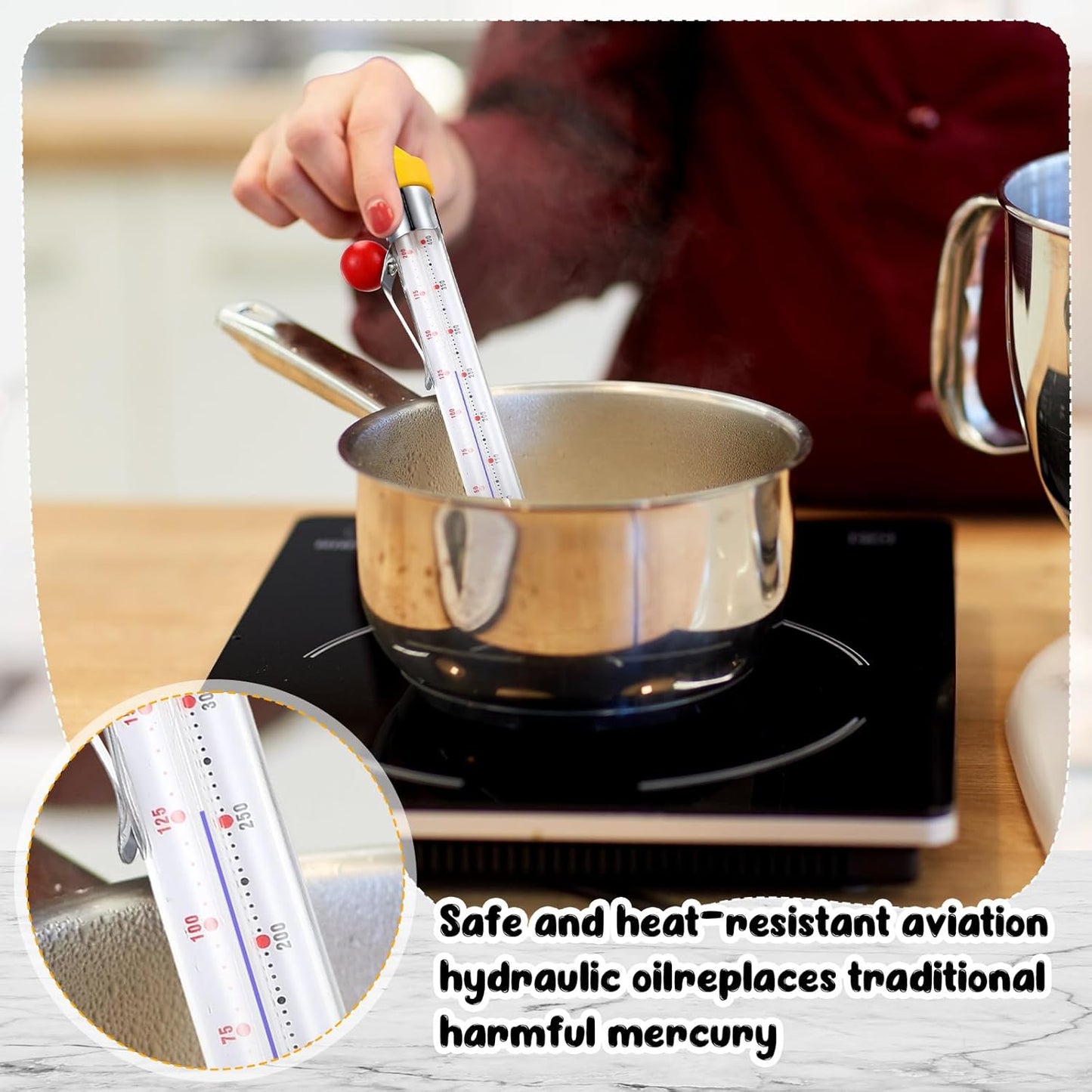 Photect 1 Pcs Candy Thermometer with Pot Clip 8" Deep Fry Oil Thermometer Instant Read Cooking Food Thermometers Sugar Syrup Jam Jelly Oil Candy Temperature Kitchen Accessories for Home Cooking