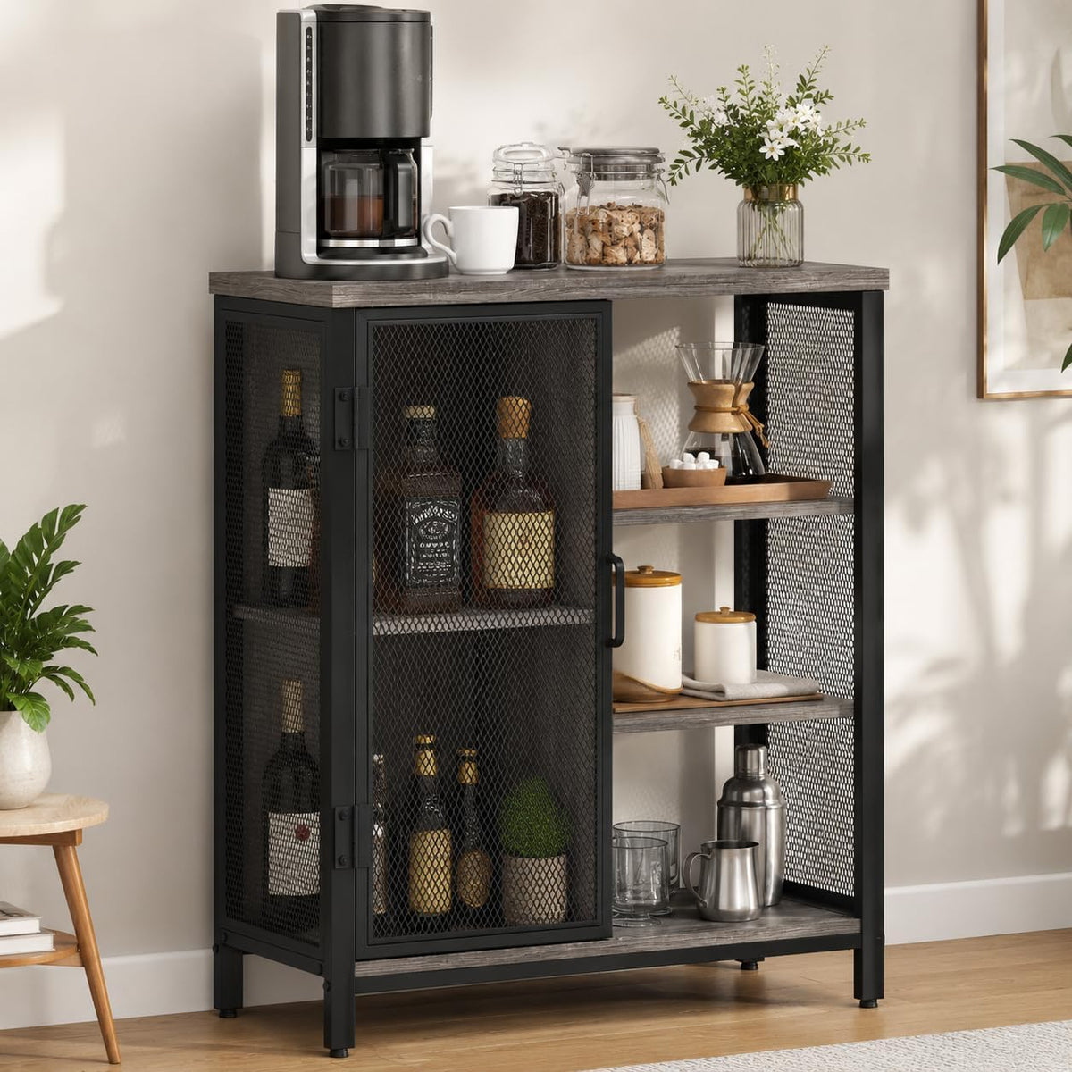 BON AUGURE Liquor Cabinet Bar for Home, Coffee Storage Cabinet | Adjustable Shelves, Small Wood Sideboard Buffet Station Cabinets with Door, for Kitchen/ Dining/ Entryway, Dark Grey Oak, 36"