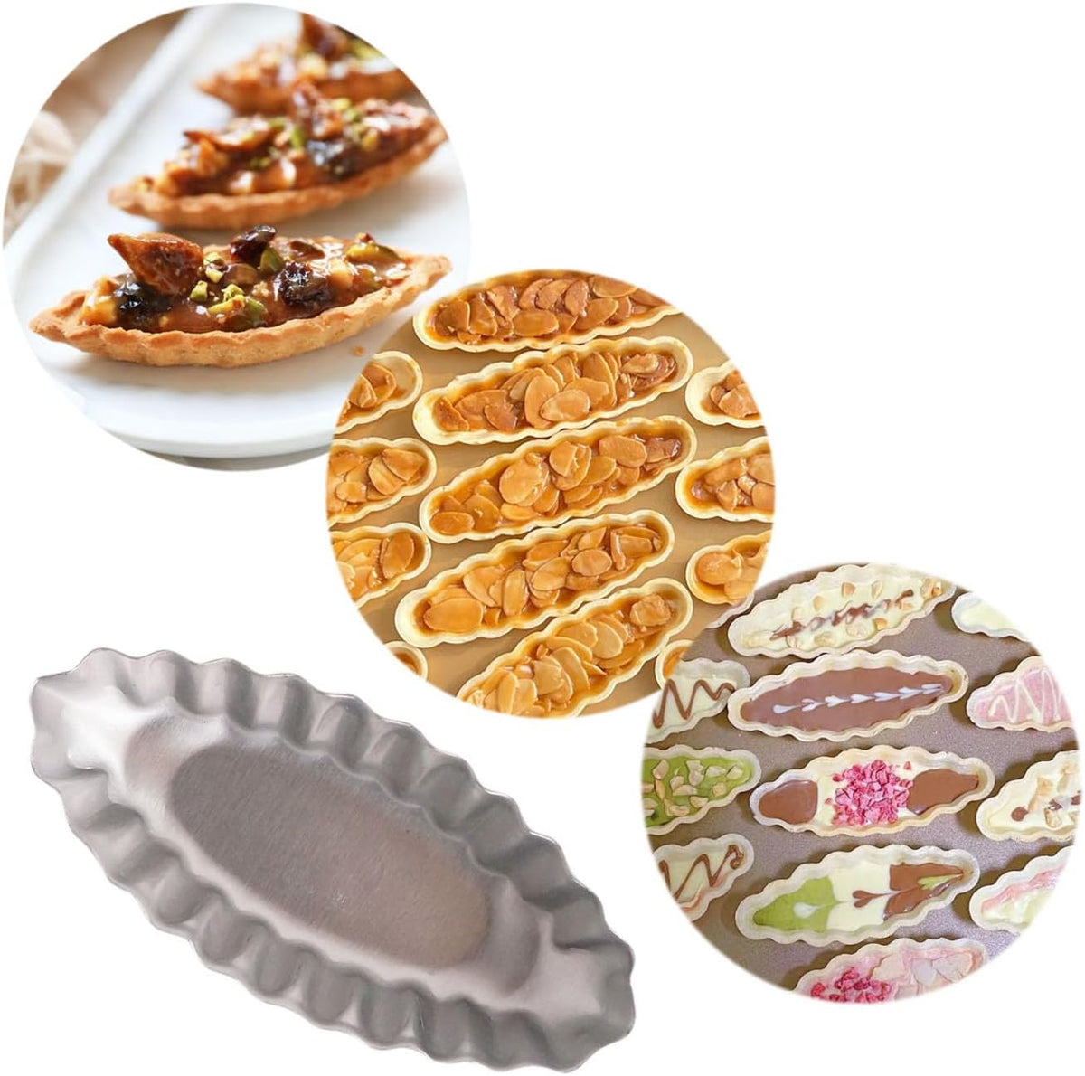 Tiny Aluminum Boat Tart Pan Fluted Oval Baking Mold, Wavy Tartlet | 10-Pack Flower Edge Tart Tins Bite Size Tray for Small Desserts, Quiches, Pudding (3.86 x 1.77 x 0.59 Inch)
