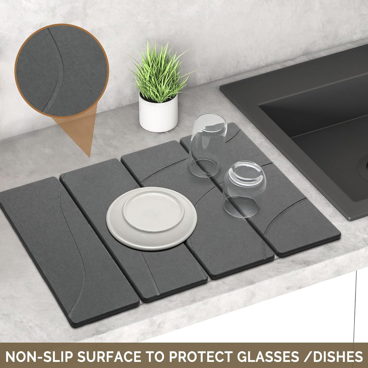 Large Stone Dish Drying Mat for Kitchen Counter, 2 PCS Quick Dry Stone Mats, Foldable Water Absorbing Diatomaceous Earth Drying Dishes Pad for Countertop Bottle Utensil Cup(Carved Gray 24"x16"&amp;8"x4")