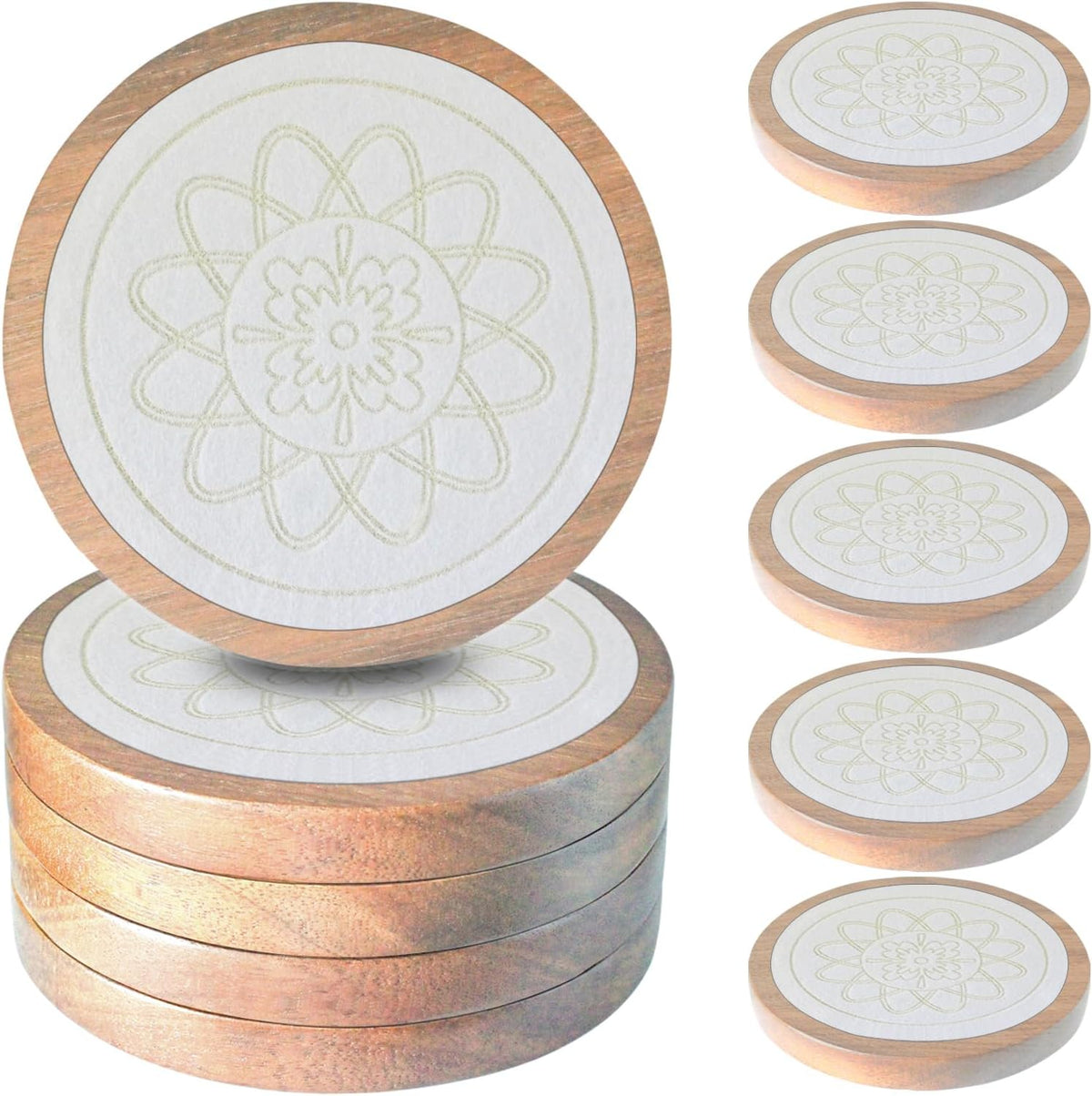 5 Pack Wood Coasters for Drinks, Minacun Absorbent Coaster Set, Drinks Coasters for Coffee Tabletop Protection, Non-Slip, Non-Stick, Suitable for Kinds of Cups Wooden Table Drink, 4.3 Inch White