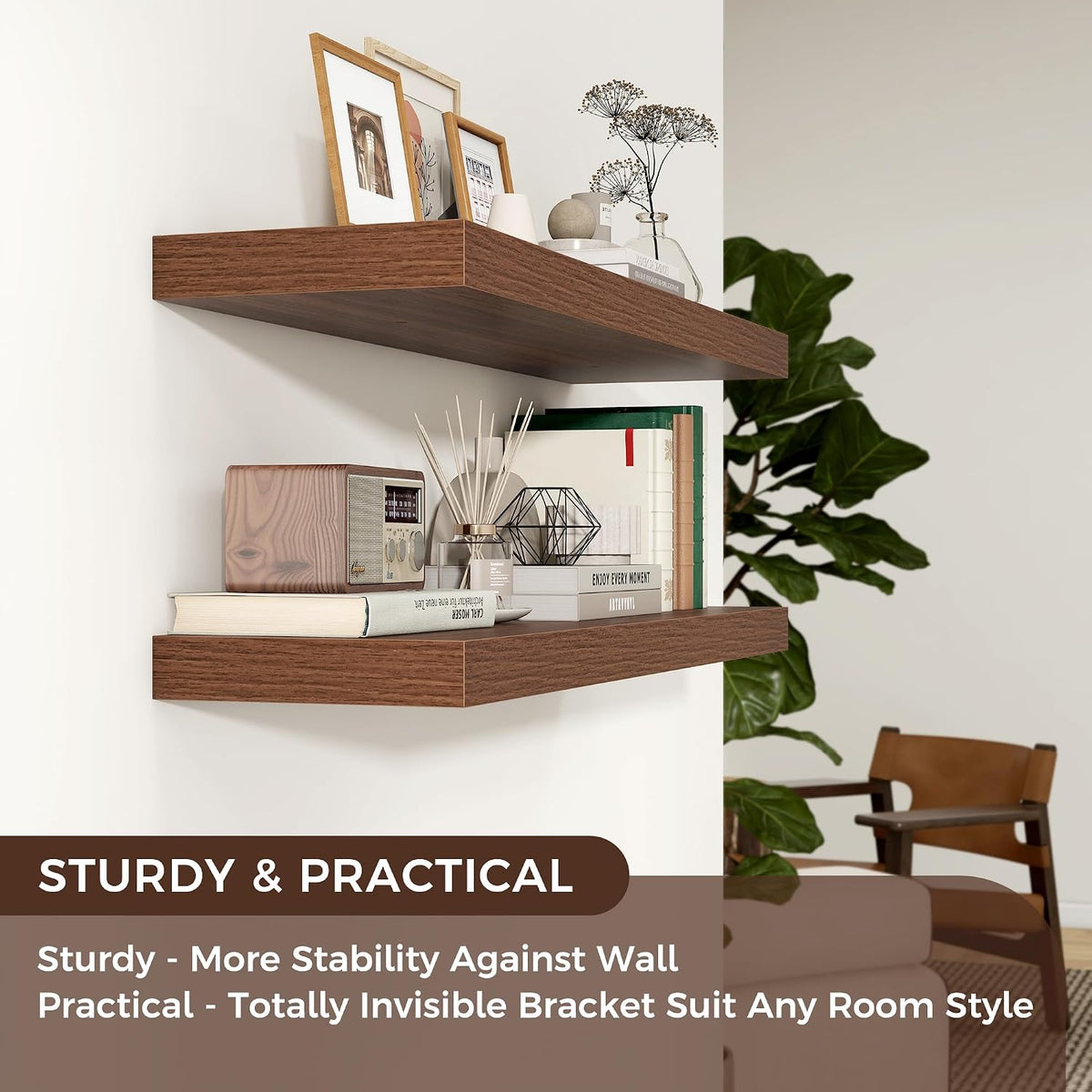 36 Inch Floating Shelves for Wall, 9"D Wood Storage Shelves, Walnut Finish