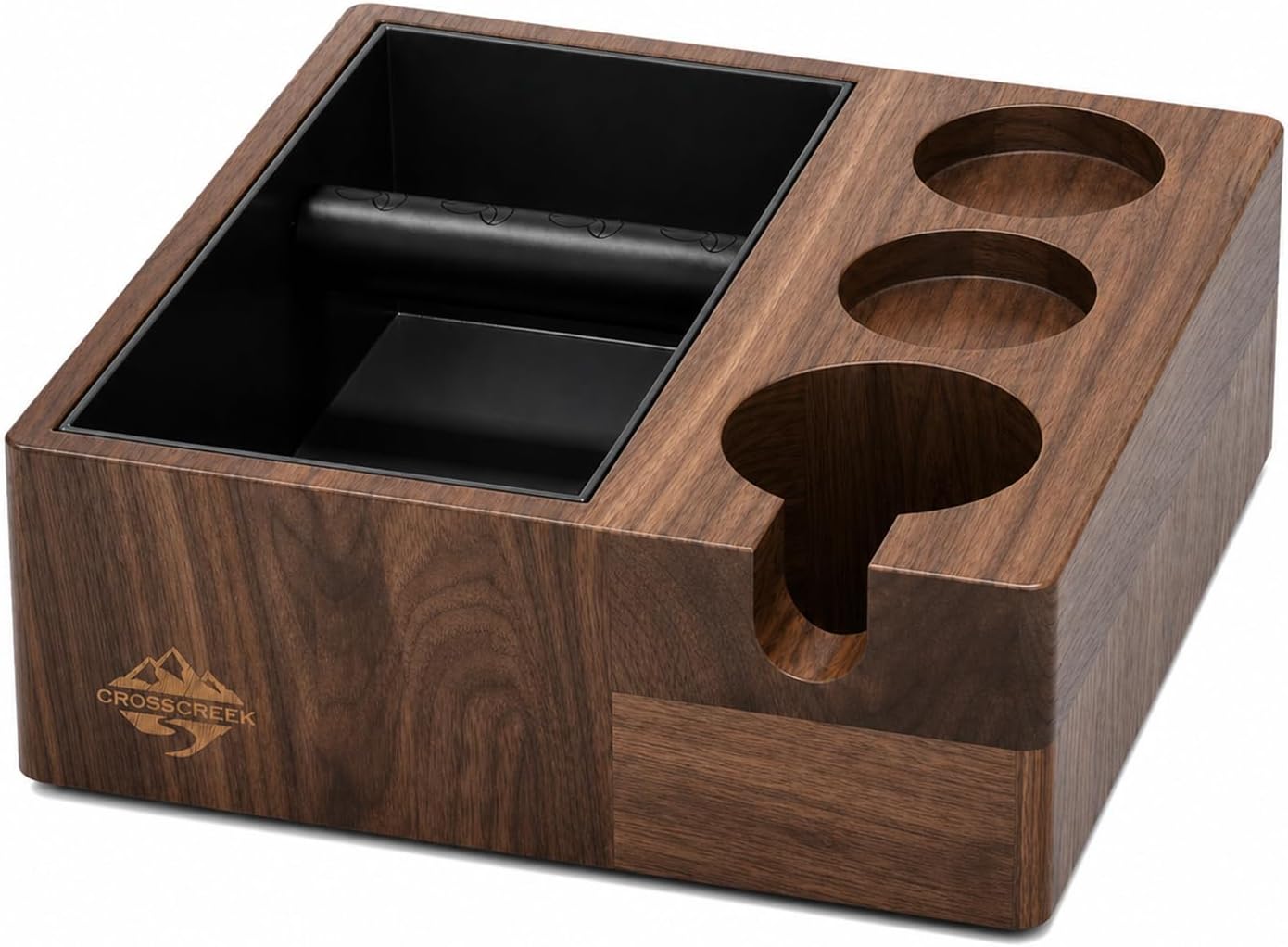 Coffee Knock Box for 58mm Portafilter - 4-in-1 Natural Walnut Espresso Tamping Station, Distributor &amp; Tamper Holder, 1.5L Large Capacity Coffee Grounds Container for Coffee Bar Accessories
