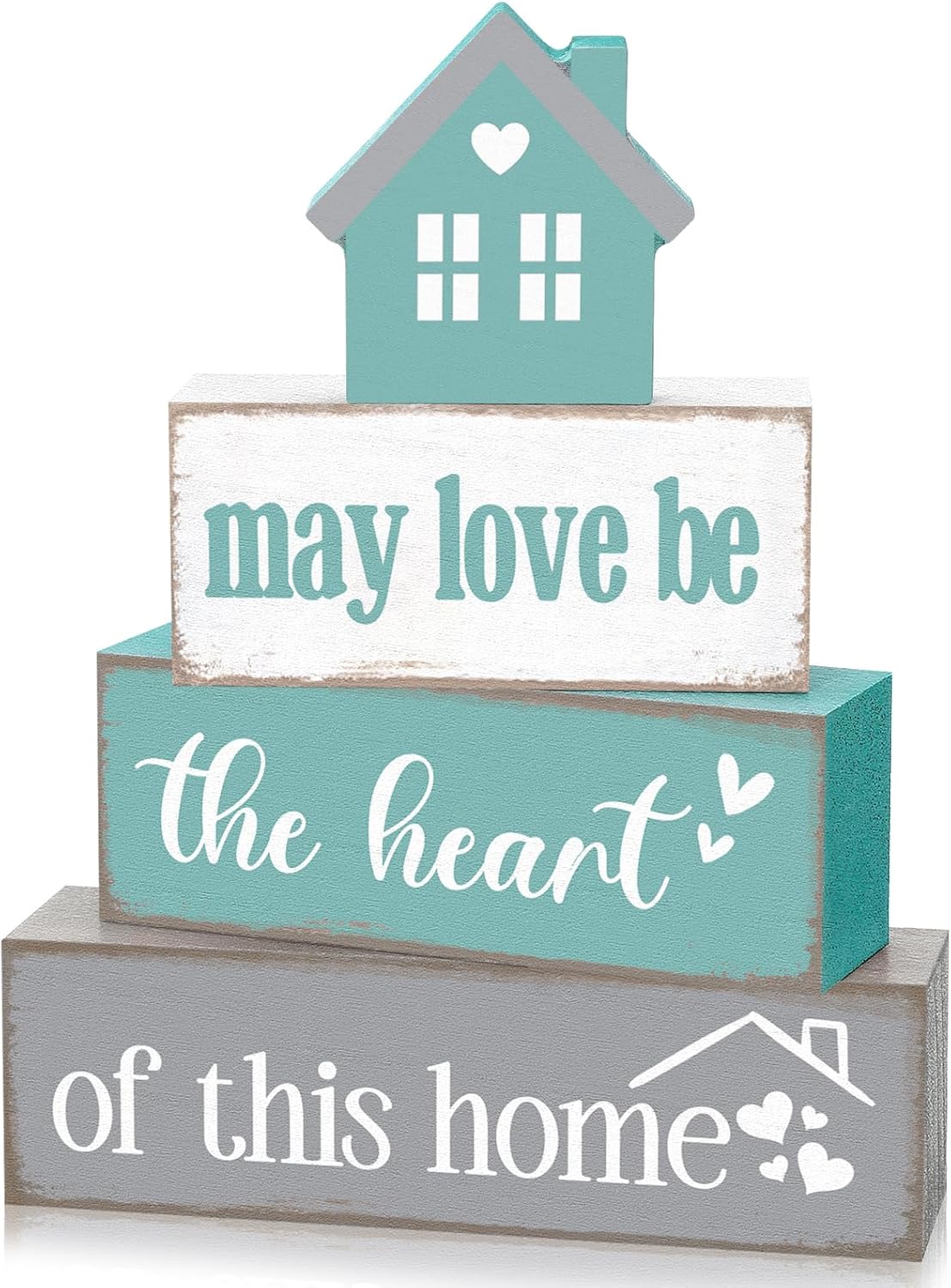 Cinnvoice 4 Pcs Farmhouse Table Decoration Rustic Sign Block,May Love Be | Home Heart Wood Sign, Teal and Grey Tabletop Centerpiece, Farmhouse Decor for Home Indoor Kitchen Shelf Tier Tray Decor