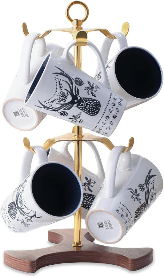 Gold Mug Holder Tree for Countertop | 2-Tier Coffee Mug Rack Holds 6 Large Mugs, 5oz to 20oz | Elegant Golden Cup Stand with