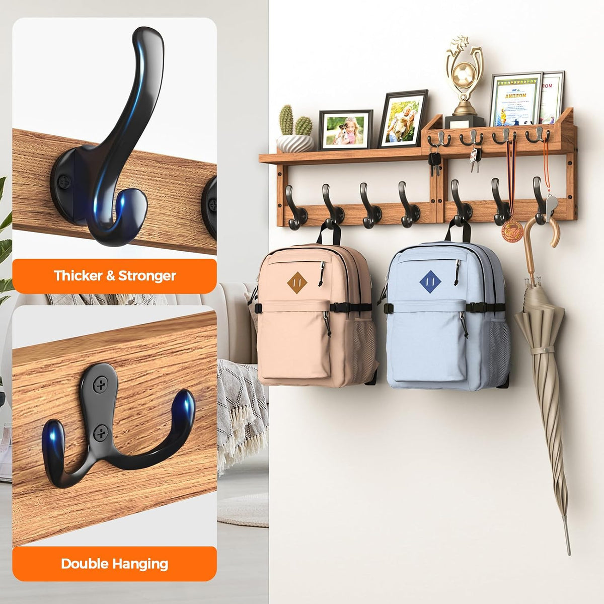 Evermagin 29" Coat Rack Wall Mount with Shelf &amp; 11 Hooks, Entryway, Brown