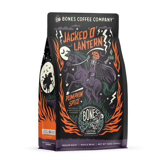 Bones Coffee Company Jacked 'O' Lantern, Pumpkin Spice Flavored Coffee, Medium Roast Low Acid Arabica Beans Compatible with