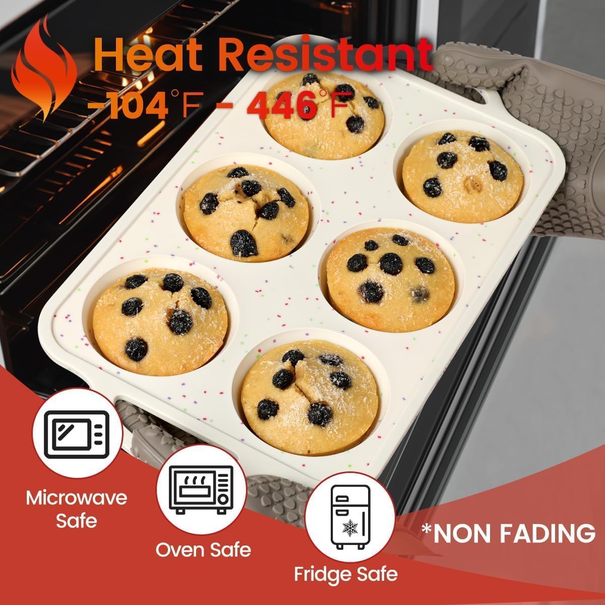 CAKETIME Large Muffin Pan, Metal Reinforced Frame 3.5 Inch Jumbo Silicone Muffin Pan Nonstick 6 Cups for Baking Jumbo Muffin, Frittatas, Jumbo Cupcakes 2 Pack Confetti