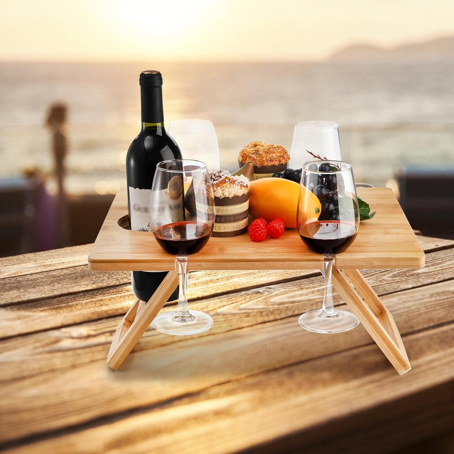 Portable Wine Picnic Table with 5 Wine Glasses Holder, Foldable Champagne Picnic Snack Table, Wine and Cheese Table for