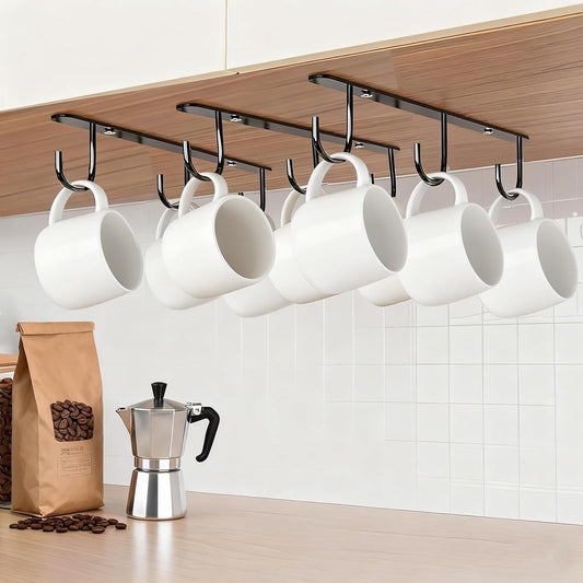 3pcs Under Cabinet Mug Hooks,Adhesive/Screw 2 Ways Install Mug Holder,Coffee Cups Hook with 9 Hooks,Mug Organizion Rack for