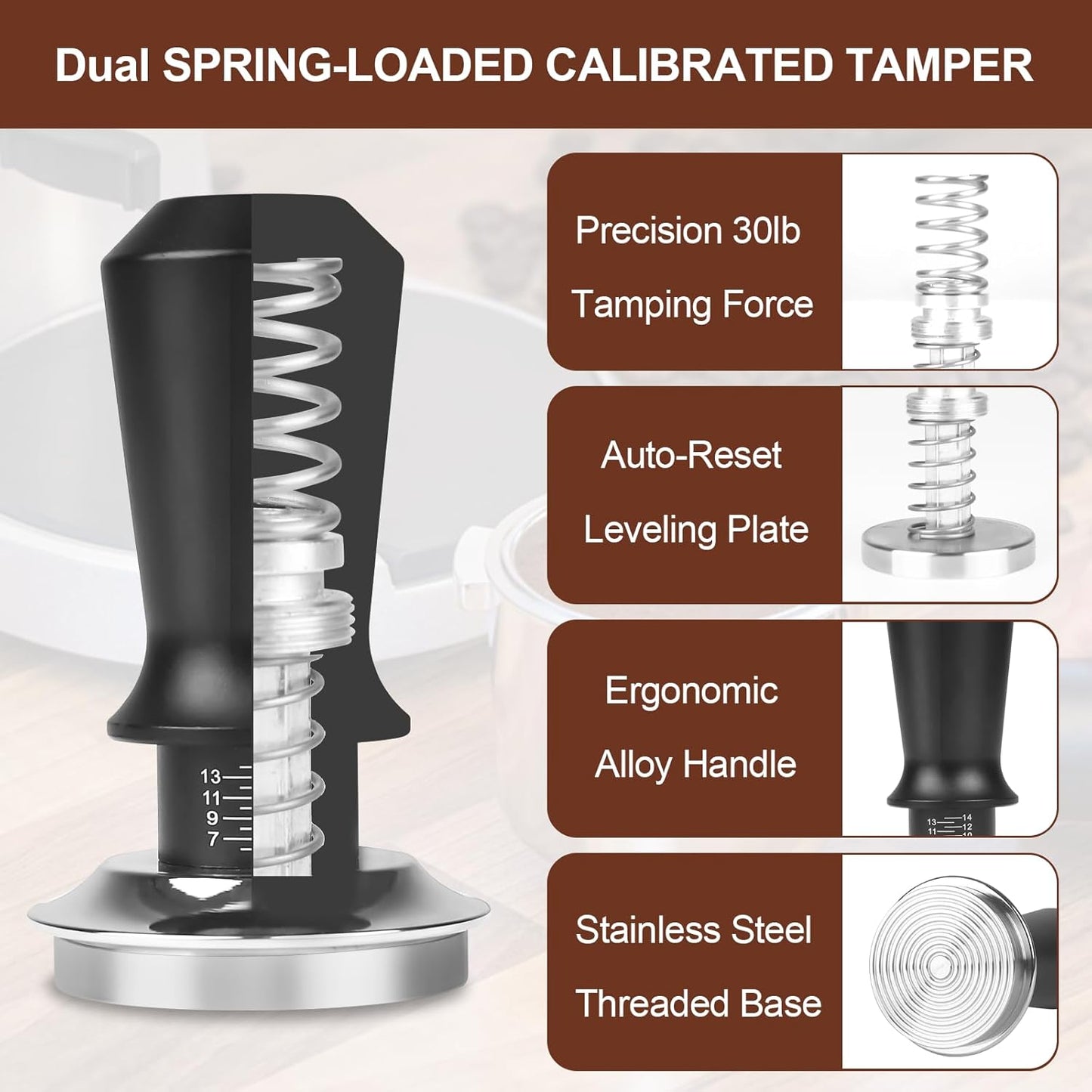 51mm Espresso Tamper Kit - Dual-Spring Calibrated Coffee Tamper, 8-Needle WDT Tool Espresso Distribution Tool, Magnetic Aluminum Dosing Funnel, Reusable Puck Screen, Fit for 51mm Portafilters