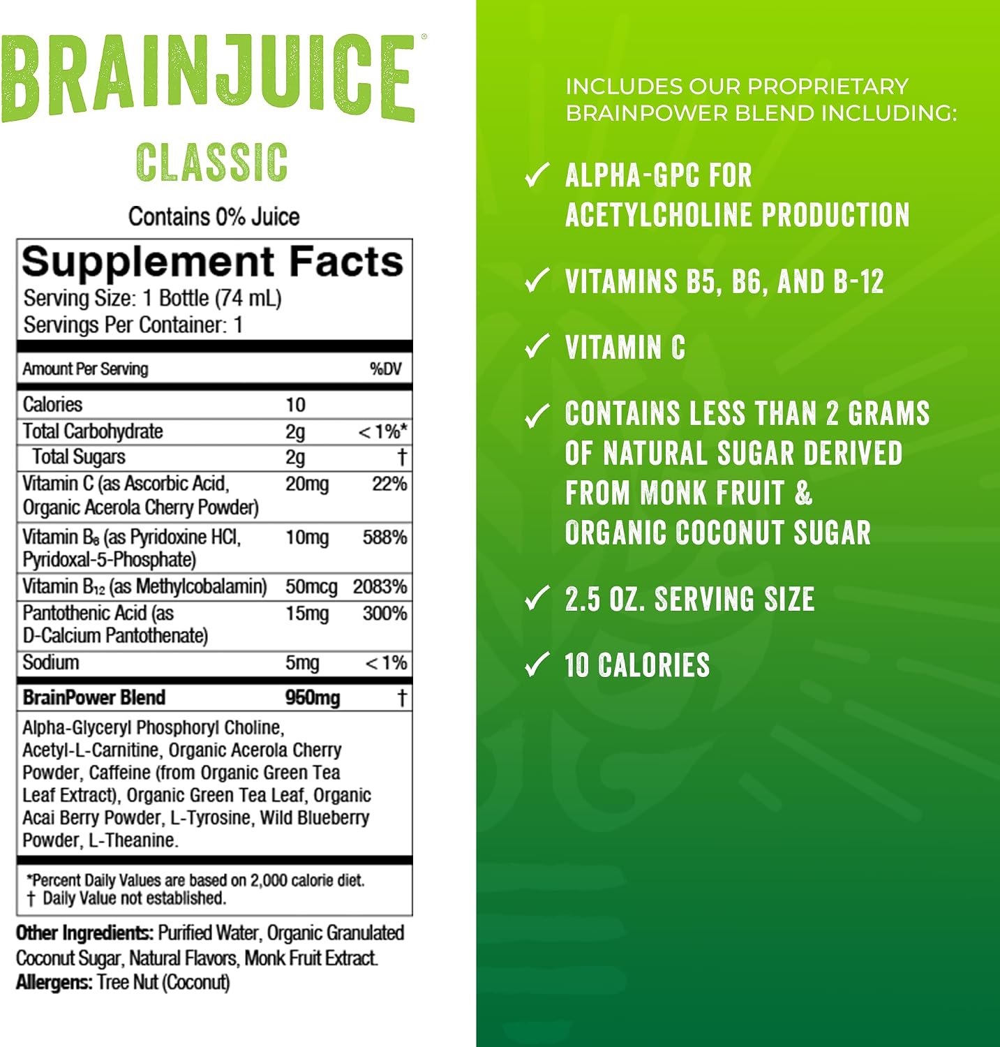BrainJuice Classic Green Tea Nootropic Supplement Shot, 2.5 fl oz, 12 Pack