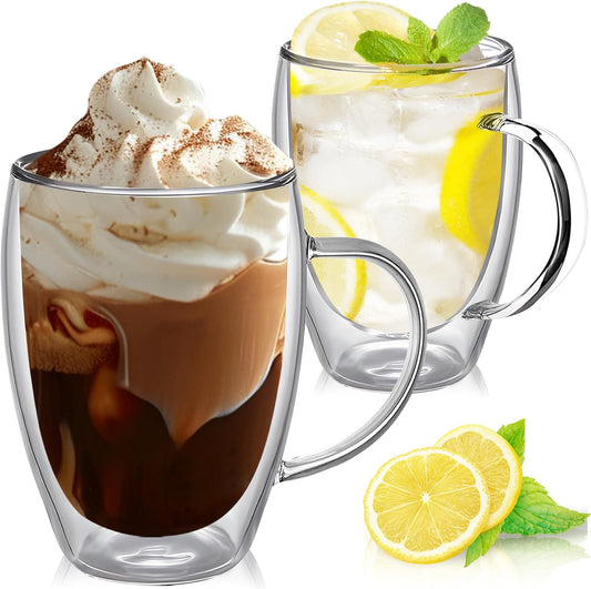 12 Ounces Set of 2 Double Walled Glass Coffee Mugs with Handle Insulated Layer Coffee Cups Borosilicate Glass Espresso