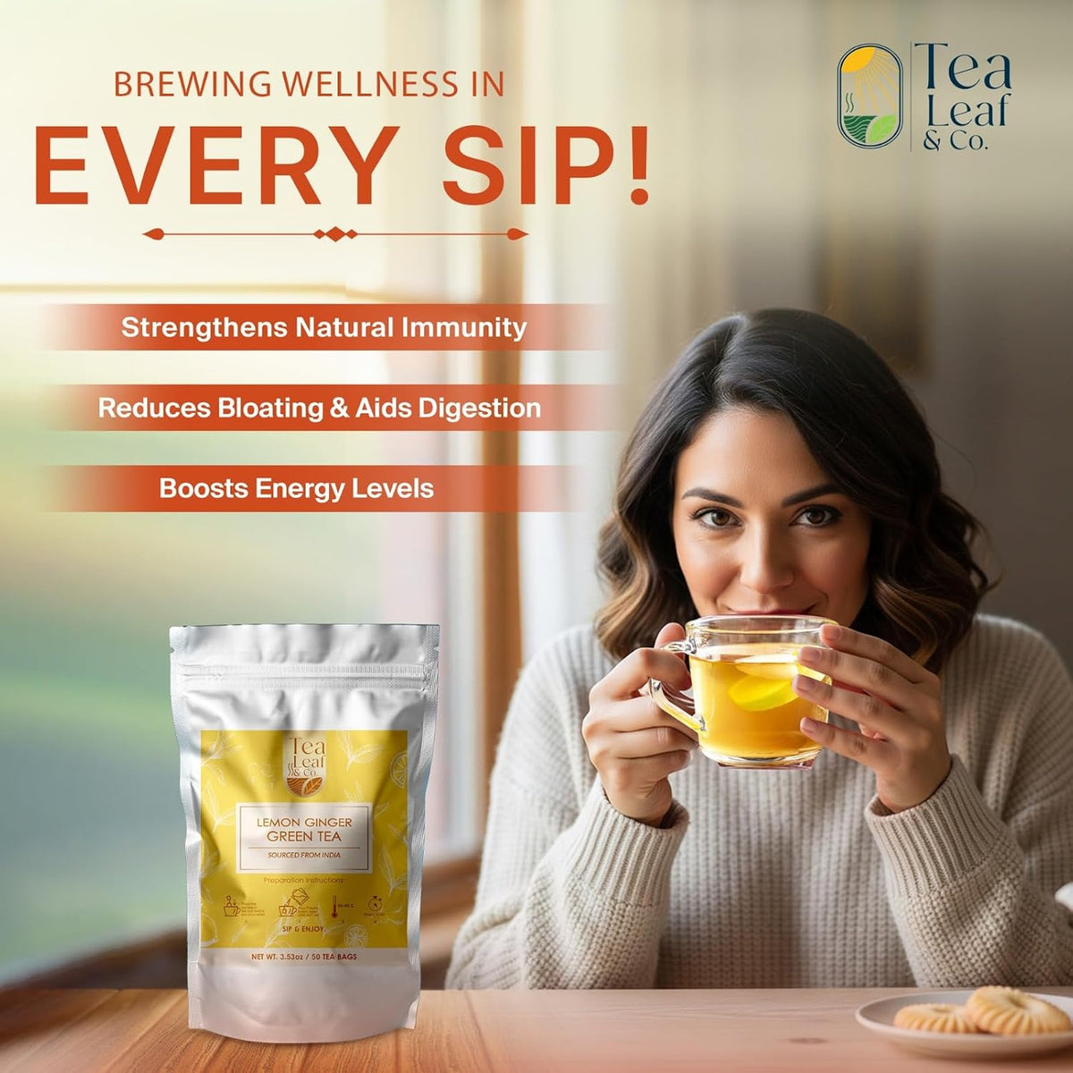 Lemon Ginger Green Tea 100 gm/3.5 oz, Natural Herbal Infusion, 50 Tea Bags