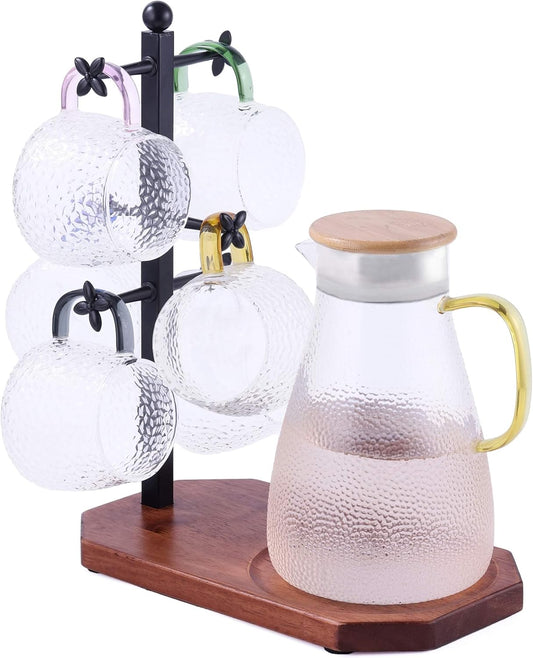 Mug Tree for Large Mugs With 6 Hooks and Coffee Pot Tray - Multi-Function Stand for Counter, Bar Accessory & Kitchen