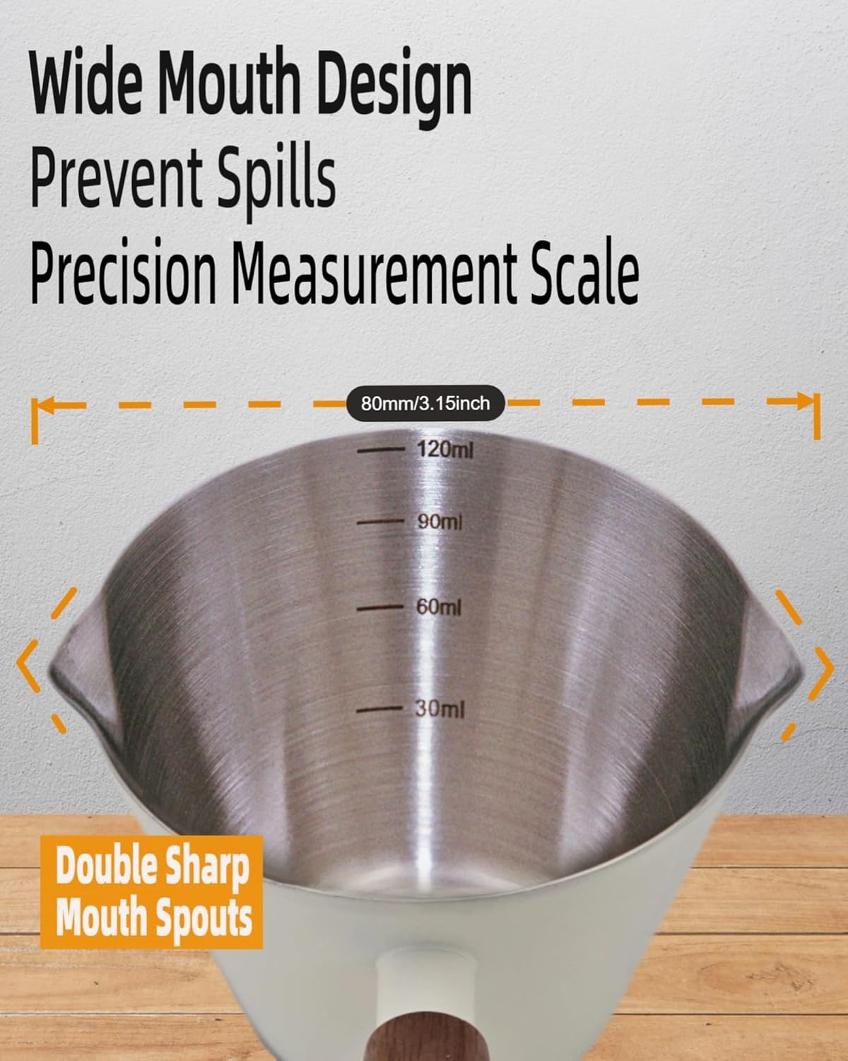 Stainless Steel Espresso Cup - Espresso Shot Cup with Wooden Handle -Measuring Cup with Double Spouts - 4.1OZ/120ML, White