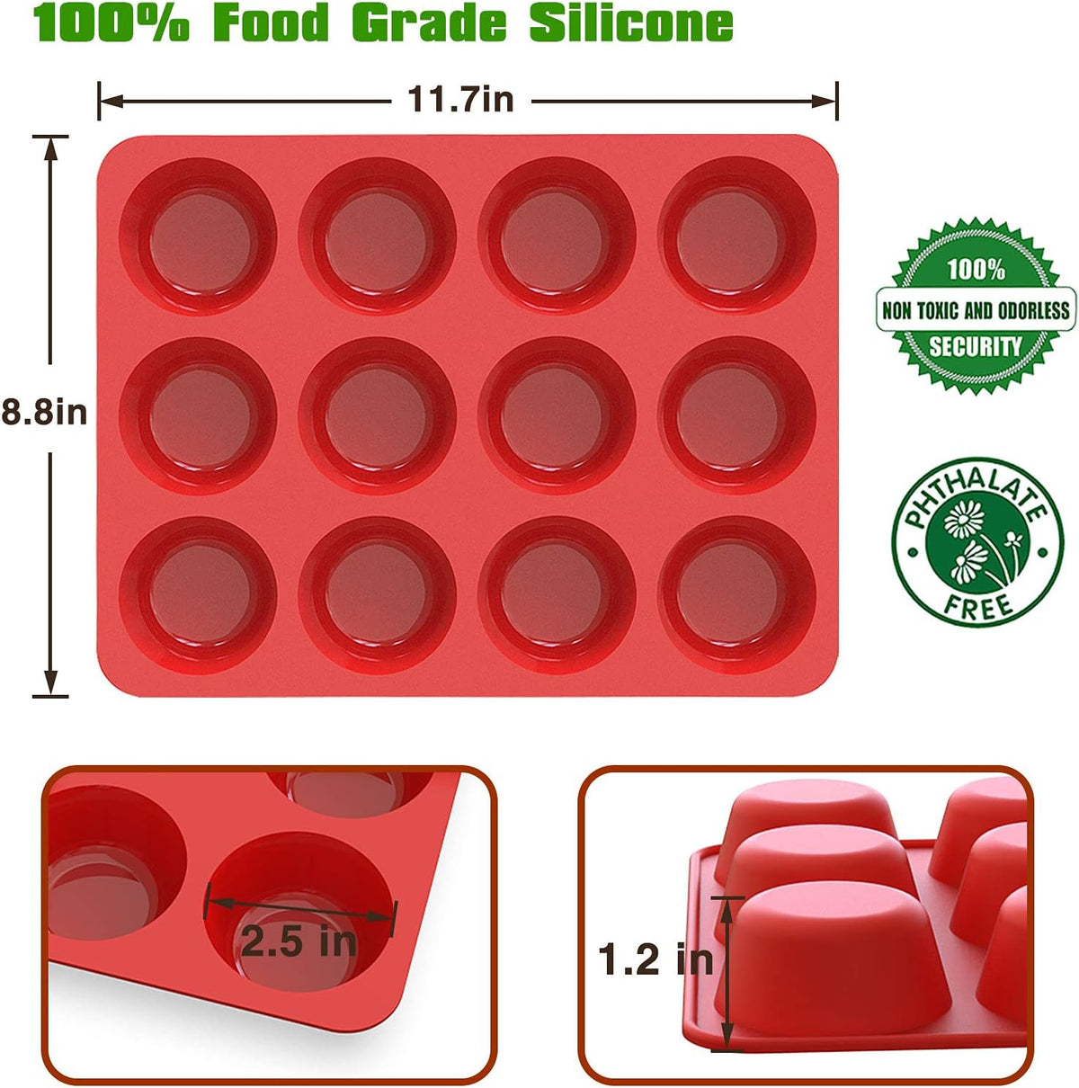 2 Pack Silicone Muffin Pans,12 Cup Nonstick Silicone Cupcake Pan