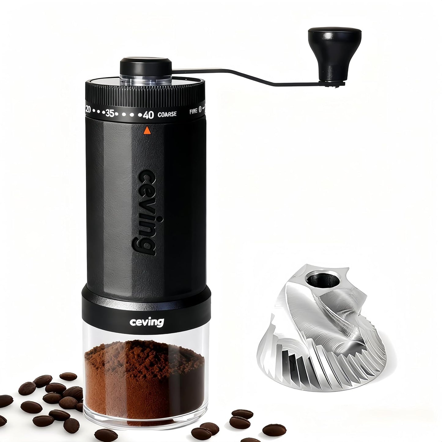 CEVING World's First 60g Large Capacity Manual Coffee Grinder, Black | 40 External Settings, Portable Hand Coffee Bean Mill with Stainless Steel Conical Burr for Travel, Camping, Pour Over &amp; Gift