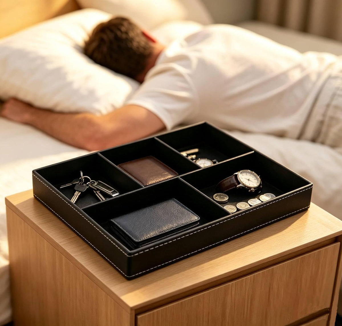 Desktop Glove Box, Nightstand or Dresser Organizer, Valet Tray, Entry Table Organizer, Dresser Storage Box,PU Leather Drawer Storage Decorative Trays.