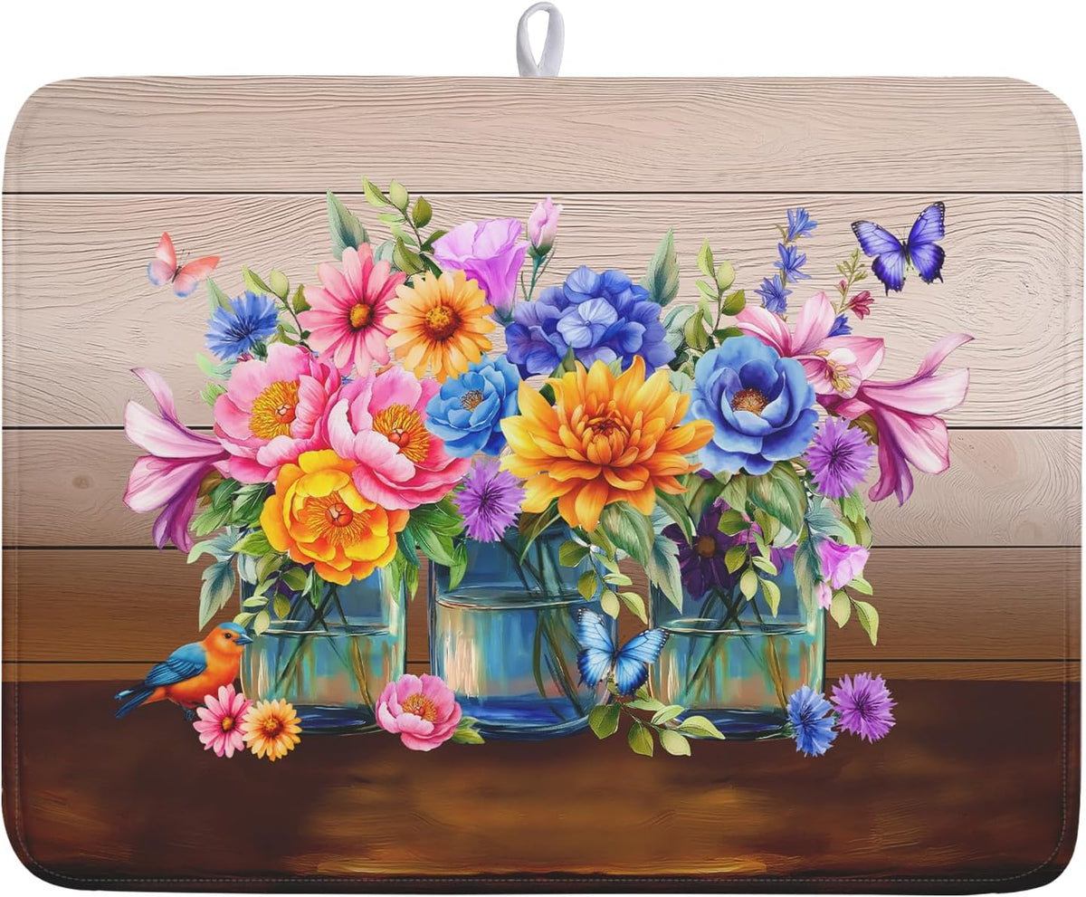 Summer Flowers Dish Drying Mat for Kitchen Counter 18x24in Vintage Colorful Floral Kitchen Drying Mat Soft Absorbent