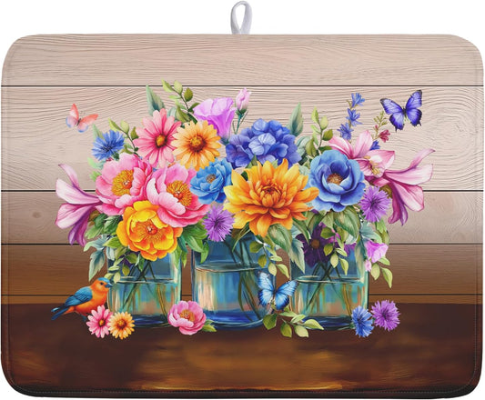 Summer Flowers Dish Drying Mat for Kitchen Counter 18x24in Vintage Colorful Floral Kitchen Drying Mat Soft Absorbent Microfiber Farmhouse Flowers Dish Drainer Rack Mats for Kitchen Countertops