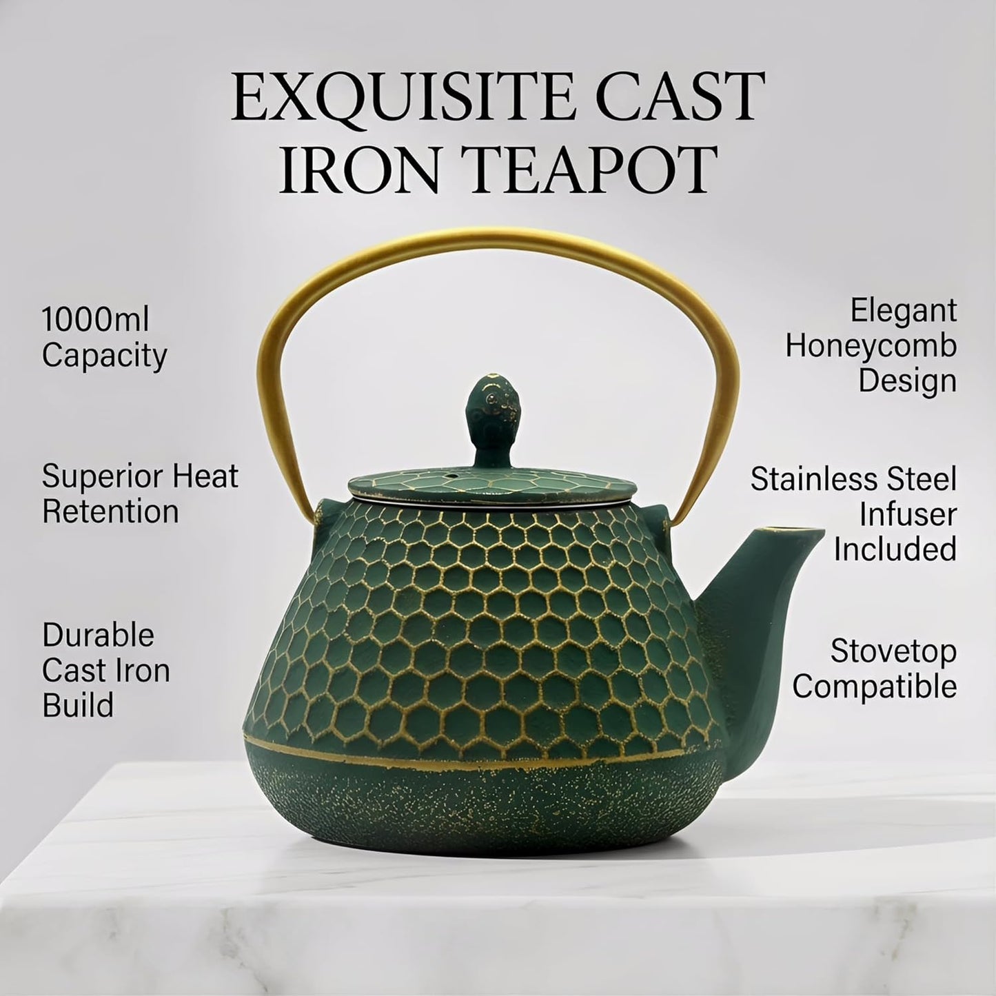 YJX 34oz Cast Iron Tea Kettle for Stovetop, Green Tea Pot for Loose Tea