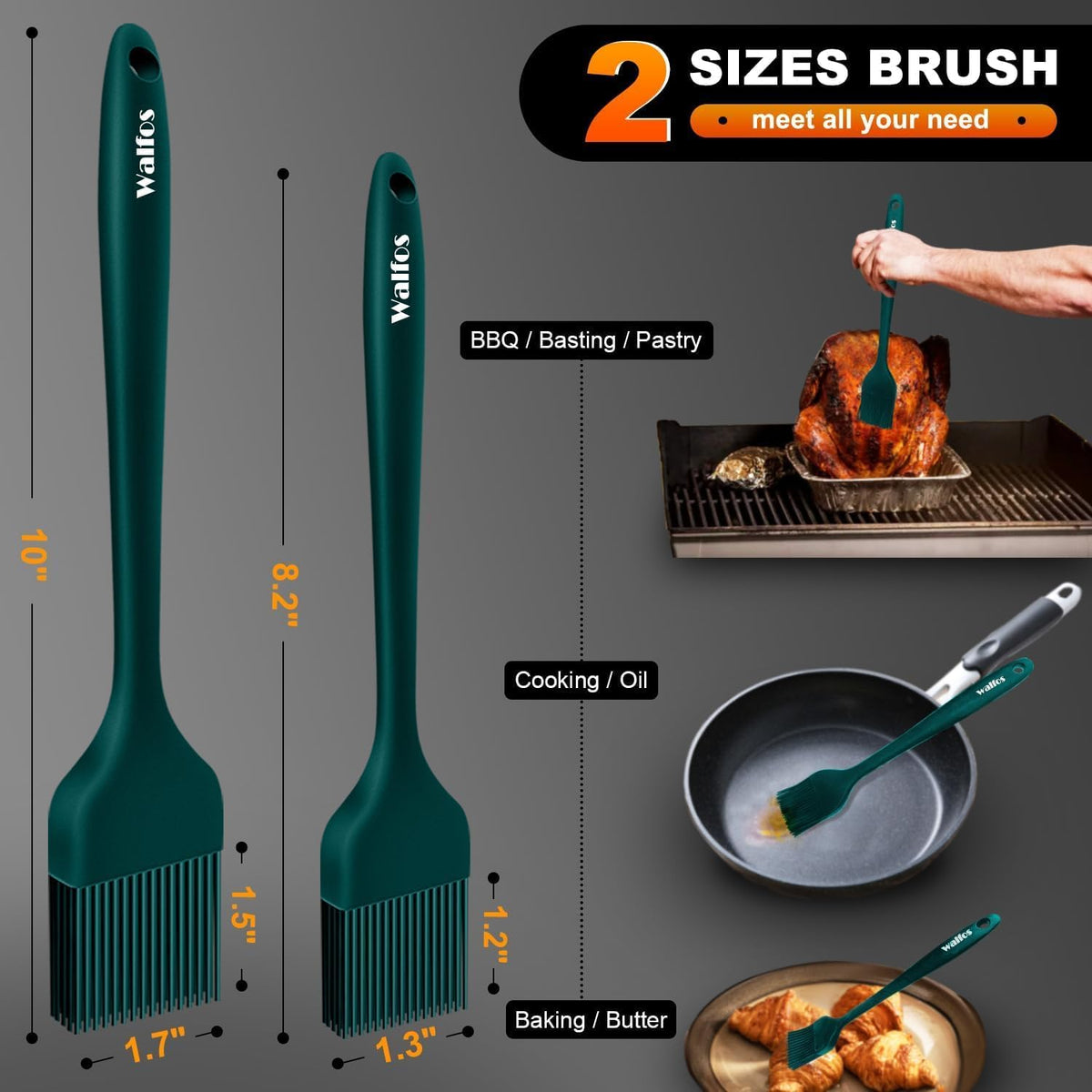 Walfos 600℉ Heat Resistasnt Basting Brush, BPA Free Silicone Pastry Brushes for Cooking, Spread Oil Butter Sauce for Baking Kitchen BBQ Grill, Dishwasher Safe, 2 Size (Large and Samll)