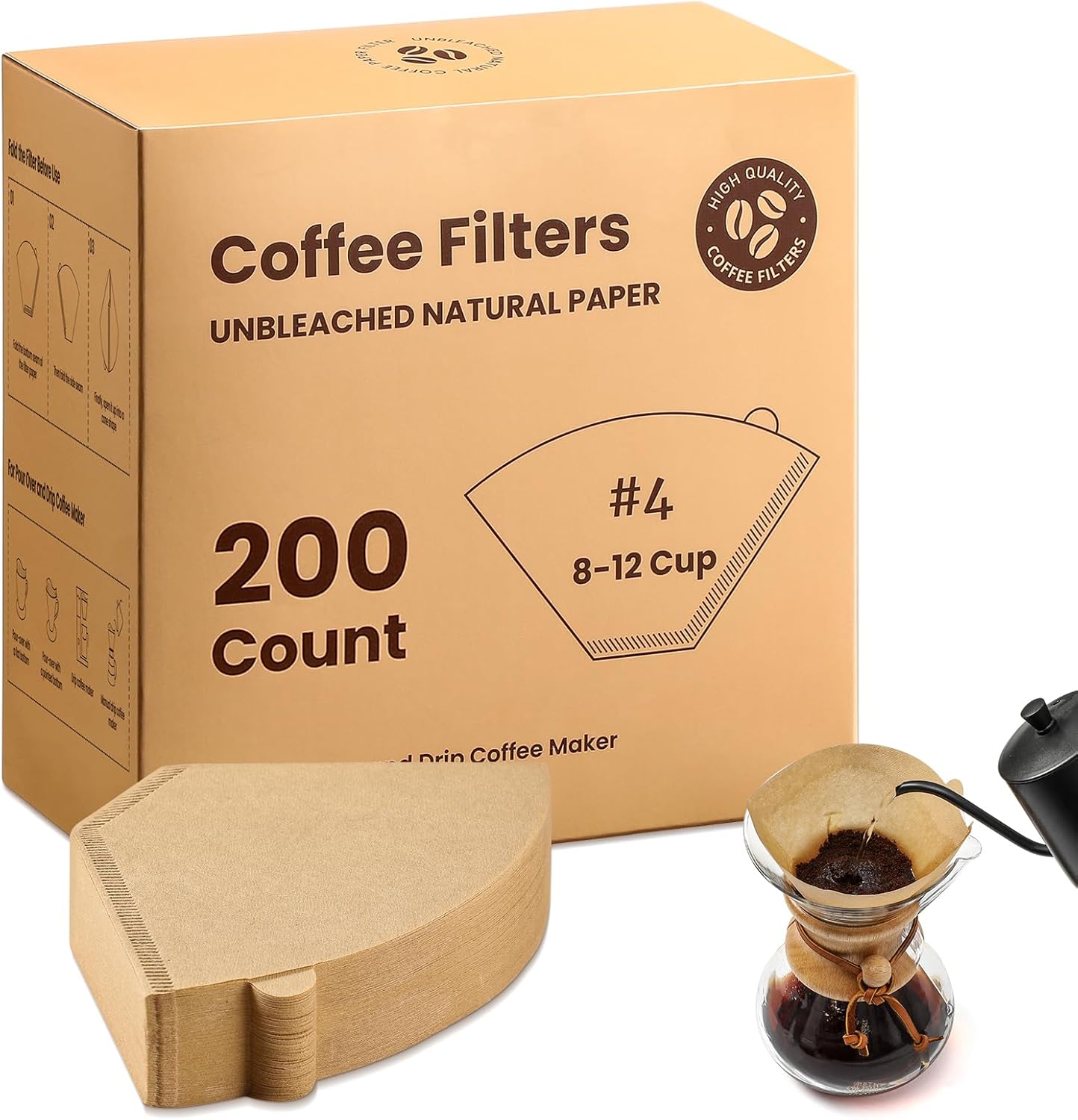 #4 Cone Coffee Filters 8-12 Cup, 200 Count Unbleached Natural Coffee Paper Filters, No Blowout, Disposable Coffee Filter for