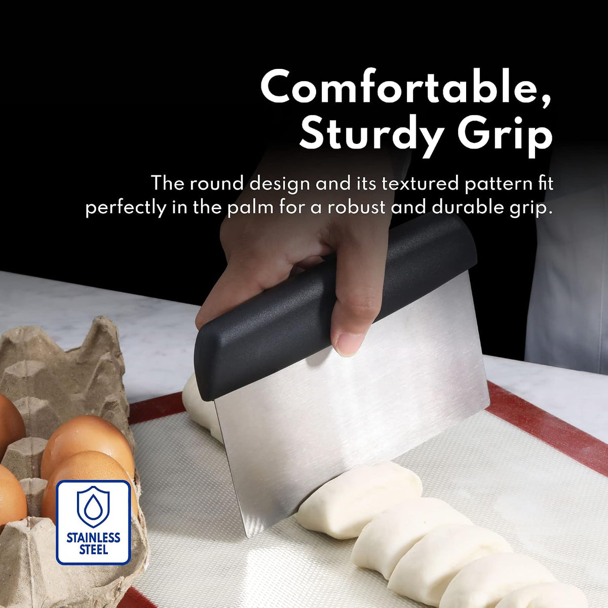 New Star Foodservice Bakery-Grade Stainless Steel Dough Scraper with Black Plastic Handle, 6 x 3 Inch Bench Scraper, Pastry Cutter, Dough Divider, Baking Prep Tool