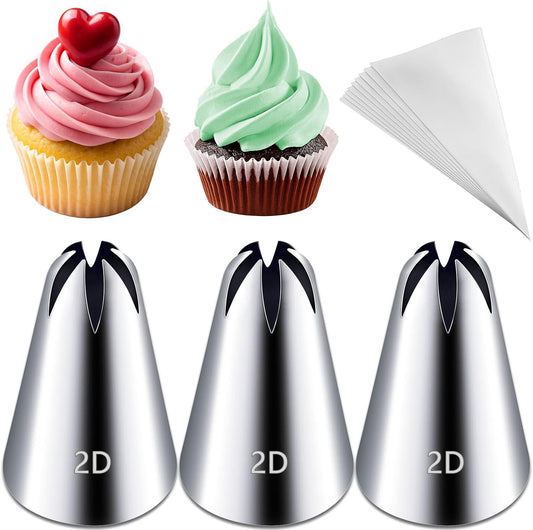 Hendiy 3pcs 2D Cake Piping Tips with 20 Piping Bags, Large Piping Nozzles Decorating Tips, Cake Baking Tools for Cookie