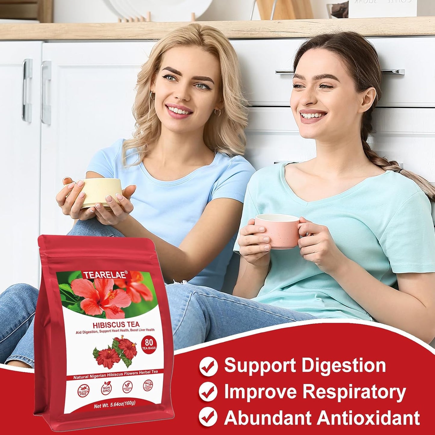 TEARELAE - Hibiscus Tea Bags, 80 Count, 100% Pure Hibiscus Flowers | Country of origin Nigeria, Non-GMO and caffeine-free, aid digestion and support heart health