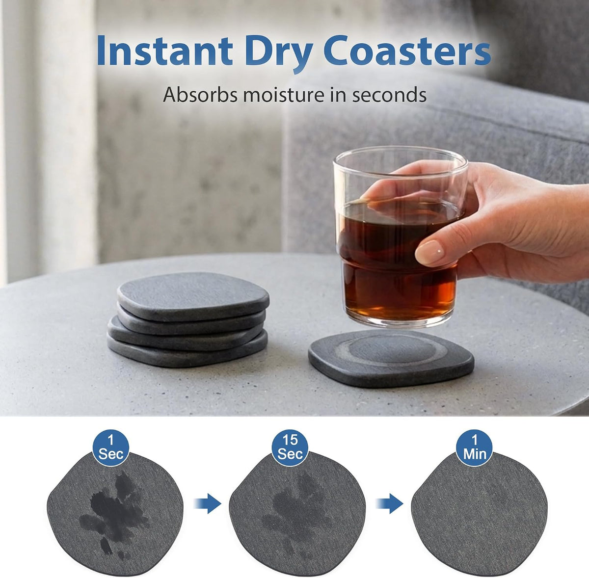 6 Pack Diatomite Absorbent Coasters for Drinks, Fast Drying Stone Coasters | XRzitky Diatomaceous Earth Instant Moisture Water Absorbing and Drying Coasters for Table Desk at Work, Dark Gray