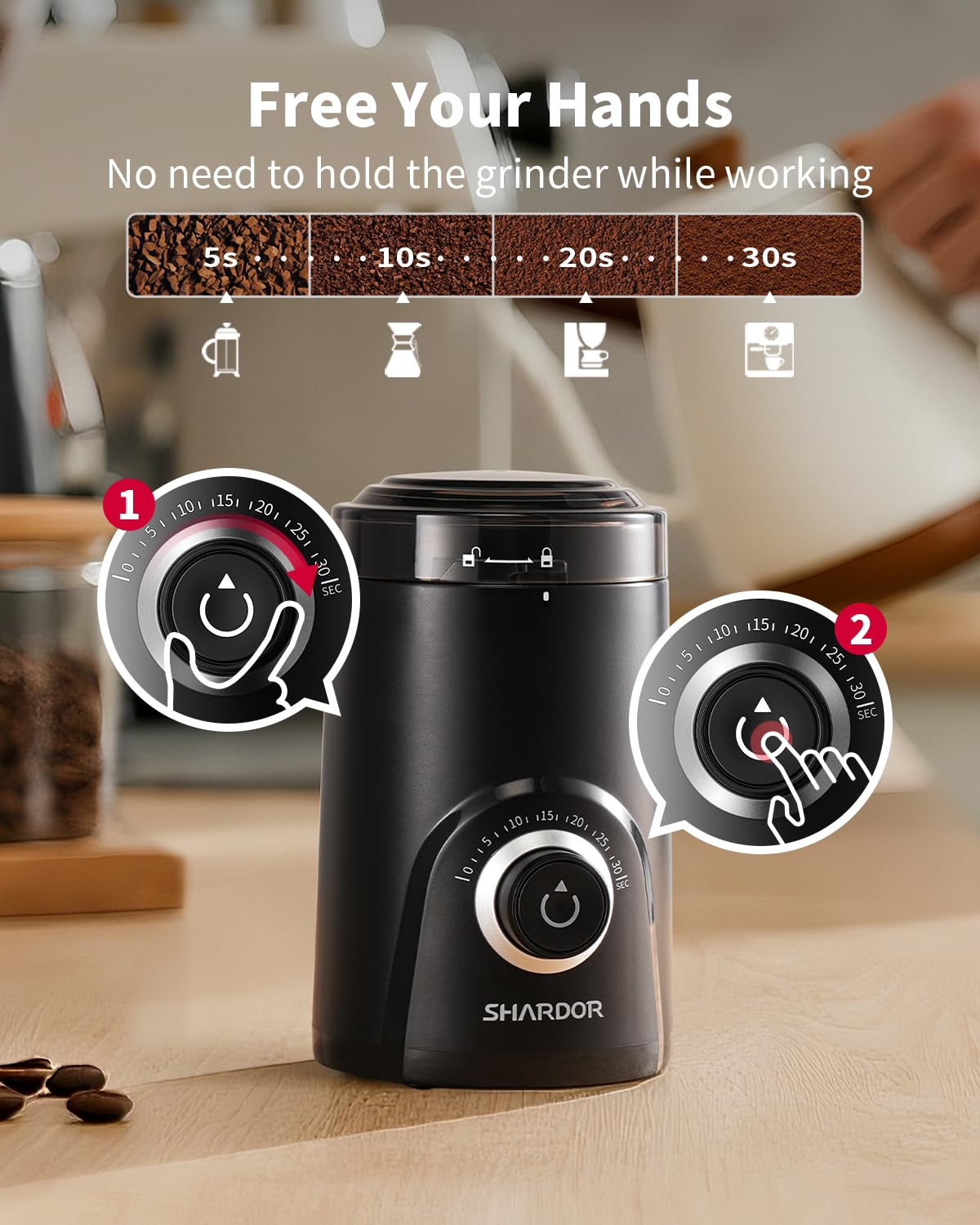SHARDOR Electric Coffee Grinder, 70g Large Capacity Spice Grinder with Visual Timing Knob for Precise Grind, Quiet Coffe