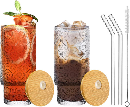 2 Pack of Glass Cups, 12 OZ Clear Glass Tumbler with Lid & Straw, Glass Iced Coffee Cup with Lids, Drinking Glasses Cups for