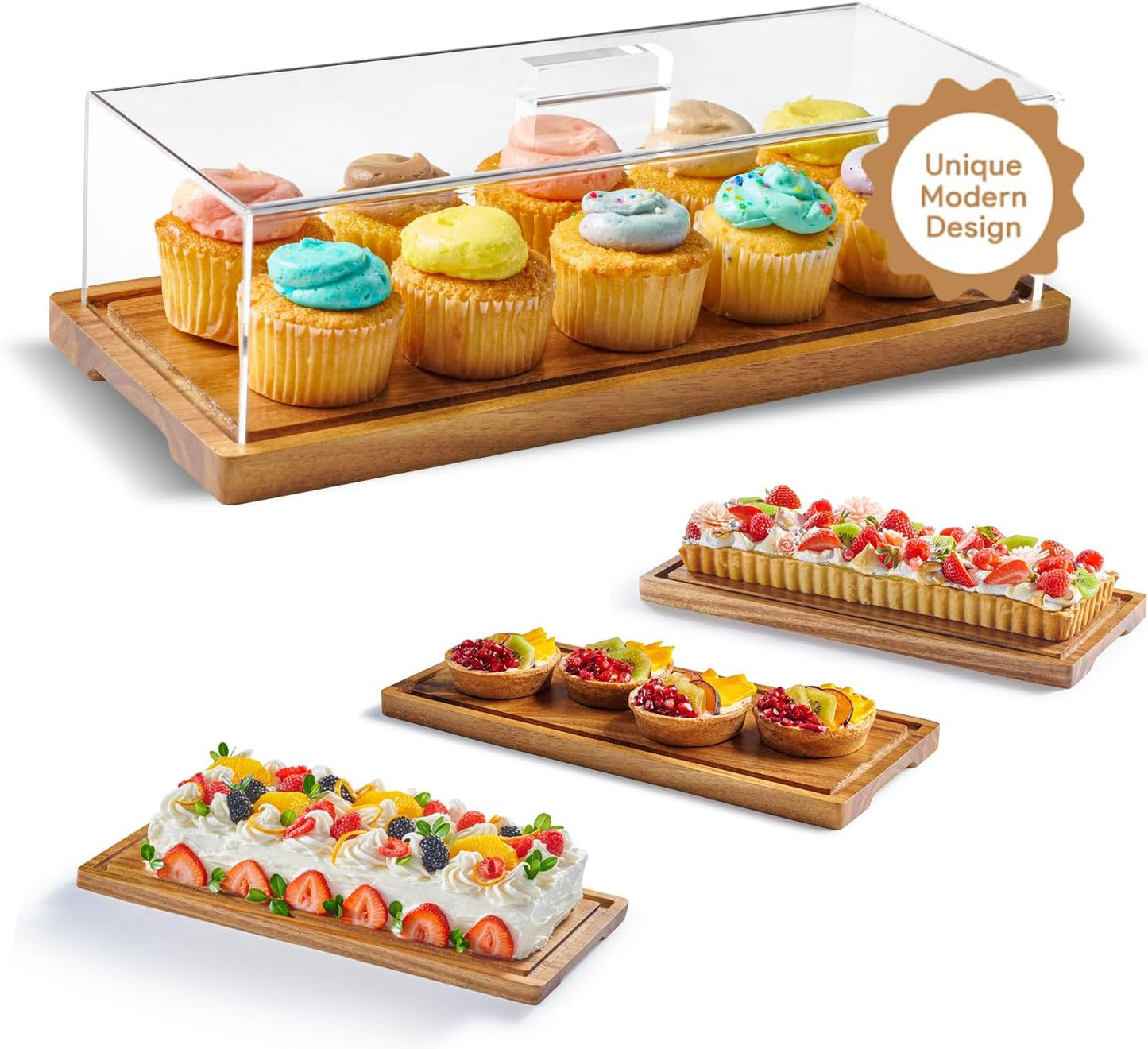 HOMESPHERE Cake Display with Lid, Rectangle Cake Stand, Cookie Display | Acacia Wood Cake Stand with Lid, Pastry Display with Dome for Loaf Cakes, Bread, Wood Tray Platter &amp; Acrylic Cover, 15x6.25”
