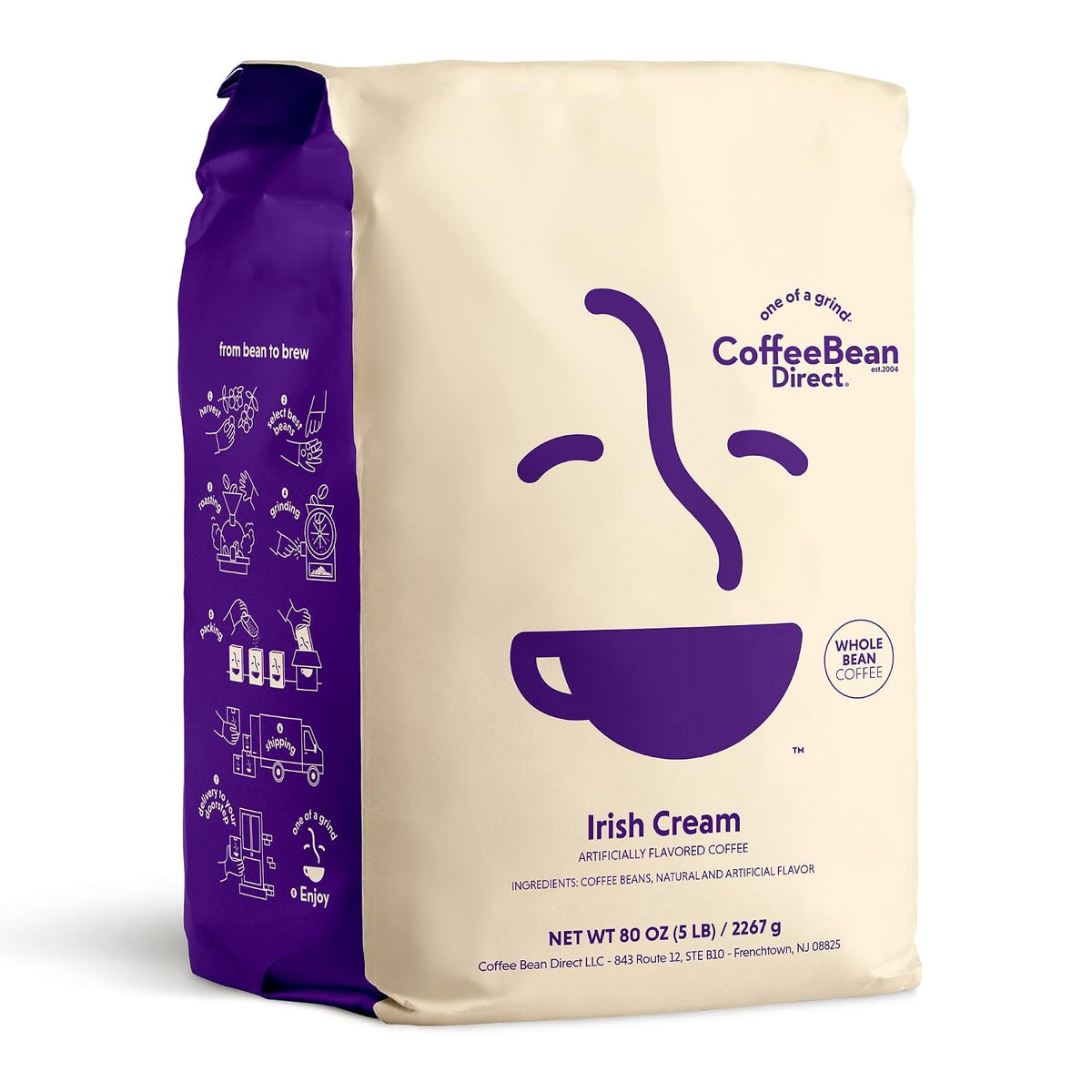 Coffee Bean Direct Irish Cream Flavored, Whole Bean, 5lb Bag | Light Roast, Creamy Toasted Nut Flavored Coffee Beans